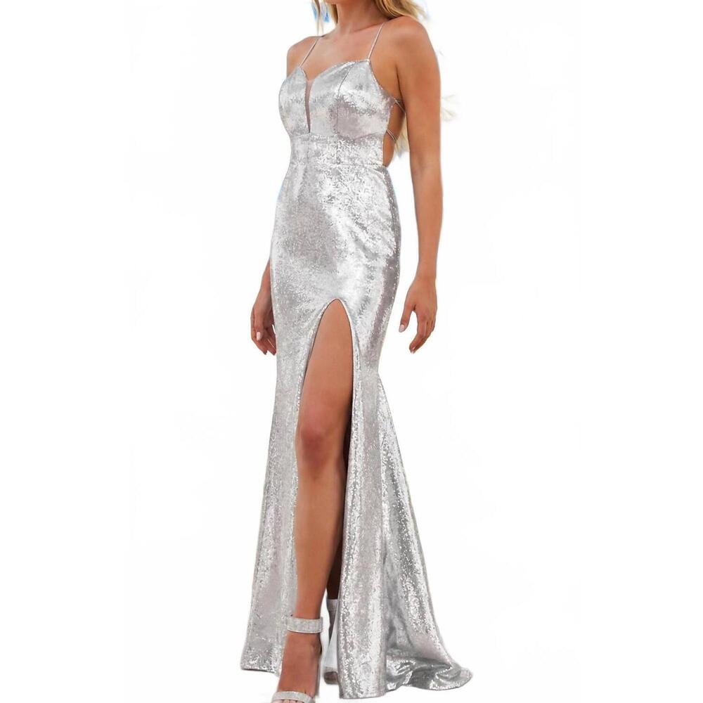 NEW AMARRA shimmery high leg slit gown in silver